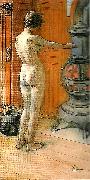 Carl Larsson leontine staende , naken rygg- naken flicka framfor kamin- framfor kaminen France oil painting artist
